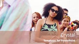  Presentation with festival music - Presentation theme consisting of group of young friends waiting behind barrier at entrance to music festival site background and a coral colored foreground