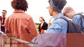  Presentation with music festival - Cool new slide set with group of young friends waiting behind barrier at entrance to music festival site backdrop and a red colored foreground