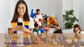  Presentation with supporting - Slide deck enhanced with group-of-young-friends-watching background and a coral colored foreground