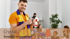  Presentation with supporting - Presentation enhanced with group-of-young-friends-watching background and a coral colored foreground