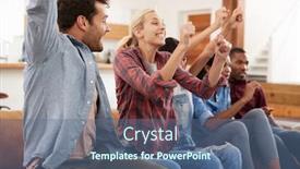  Presentation with television watching - Amazing presentation theme having group of young friends watching sports on television and cheering backdrop and a ocean colored foreground