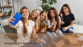  Presentation with friends - Presentation enhanced with group-of-young-friends-woman background and a coral colored foreground