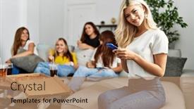  Presentation with eating - Slides consisting of group-of-young-friends-woman background and a coral colored foreground