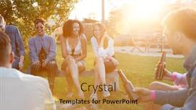  Presentation with festival music - Amazing PPT theme having group of young friends at music festival sitting outside and drinking beer backdrop and a gold colored foreground