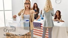  Presentation with democracy - Presentation theme having group-of-young-girls-voting background and a coral colored foreground