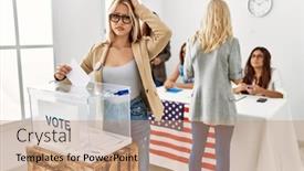  Presentation with democracy - Presentation design having group-of-young-girls-voting background and a coral colored foreground