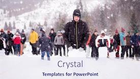  Presentation with building team - Audience pleasing presentation theme consisting of group of young happy business people having a running in bag competition while enjoying snowy winter day with snowflakes around them during a team building in the mountain forest backdrop and a sky blue colored foreground