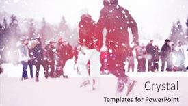  Presentation with business competition - Presentation design featuring group of young happy business people having a running in bag competition while enjoying snowy winter day with snowflakes around them during a team building in the mountain forest background and a lemonade colored foreground