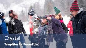  Presentation with blindfolded - Slide deck with group of young happy business people having a blindfolded games competition while enjoying snowy winter day with snowflakes around them during a team building in the mountain forest background and a ocean colored foreground