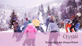  Presentation with building team - PPT theme featuring group of young happy business people having fun while enjoying snowy winter day with snowflakes around them during a team building in the mountain forest background and a lavender colored foreground