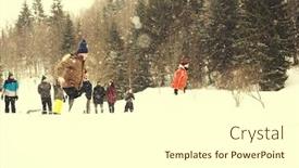  Presentation with snowflakes - Slide set consisting of group of young happy business people having a running in bag competition while enjoying snowy winter day with snowflakes around them during a team building in the mountain forest background and a cream colored foreground