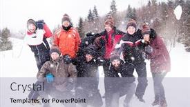  Presentation with team building - Beautiful slide set featuring group of young happy business people having fun throwing snow in the air while enjoying snowy winter day with snowflakes around them during a team building in the mountain forest backdrop and a light blue colored foreground