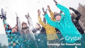  Presentation with team building - PPT layouts having group of young happy business people having fun throwing snow in the air while enjoying snowy winter day with snowflakes around them during a team building in the mountain forest background and a teal colored foreground