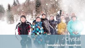  Presentation with team building - Cool new PPT layouts with group of young happy business people having fun throwing snow in the air while enjoying snowy winter day with snowflakes around them during a team building in the mountain forest backdrop and a teal colored foreground