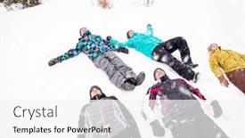  Presentation with team building - Slide deck enhanced with group of young happy business people laying on snow and making snow angel while enjoying snowy winter day with snowflakes around them during a team building in the mountain forest background and a white colored foreground