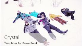  Presentation with building team - Amazing PPT theme having group of young happy business people laying on snow and making snow angel while enjoying snowy winter day with snowflakes around them during a team building in the mountain forest backdrop and a cream colored foreground