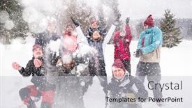  Presentation with building team - Slide set featuring group of young happy business people having fun throwing snow in the air while enjoying snowy winter day with snowflakes around them during a team building in the mountain forest background and a light gray colored foreground