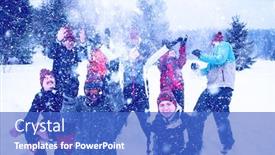 Presentation with building team - PPT theme enhanced with group of young happy business people having fun throwing snow in the air while enjoying snowy winter day with snowflakes around them during a team building in the mountain forest background and a cobalt blue colored foreground