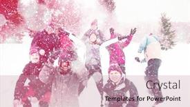  Presentation with building team - Presentation design consisting of group of young happy business people having fun throwing snow in the air while enjoying snowy winter day with snowflakes around them during a team building in the mountain forest background and a coral colored foreground