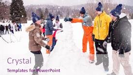  Presentation with snowflakes - Presentation design featuring group of young happy business people having a competition in making snowmen while enjoying snowy winter day with snowflakes around them during a team building in the mountain forest background and a sky blue colored foreground