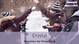  Presentation with team building - Slide set having group of young happy business people having a competition in making snowmen while enjoying snowy winter day with snowflakes around them during a team building in the mountain forest background and a light blue colored foreground