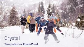  Presentation with team building - Presentation design consisting of group of young happy business people having fun while enjoying snowy winter day with snowflakes around them during a team building in the mountain forest background and a sky blue colored foreground