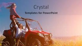  Presentation with people enjoying - PPT theme with group of young happy excited people having fun enjoying beautiful sunny day holding colorful torches while driving a off road buggy car on mountain nature background and a seafoam green colored foreground