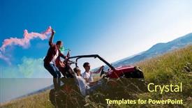  Presentation with people enjoying - Colorful slide set enhanced with group of young happy excited people having fun enjoying beautiful sunny day holding colorful torches while driving a off road buggy car on mountain nature backdrop and a tawny brown colored foreground