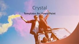  Presentation with people enjoying - Cool new slide deck with group of young happy excited people having fun enjoying beautiful sunny day holding colorful torches while driving a off road buggy car on mountain nature backdrop and a light blue colored foreground