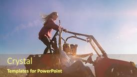  Presentation with people enjoying - Presentation design with group of young happy excited people having fun enjoying beautiful sunny day holding colorful torches while driving a off road buggy car on mountain nature background and a tawny brown colored foreground