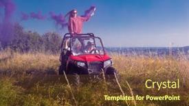  Presentation with people enjoying - Slide set consisting of group of young happy excited people having fun enjoying beautiful sunny day holding colorful torches while driving a off road buggy car on mountain nature background and a tawny brown colored foreground
