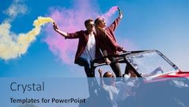  Presentation with people enjoying - Slide set with group of young happy excited people having fun enjoying beautiful sunny day holding colorful torches while driving a off road buggy car on mountain nature background and a teal colored foreground