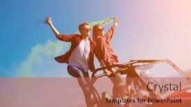  Presentation with driving road - Colorful presentation design enhanced with group of young happy excited people having fun enjoying beautiful sunny day holding colorful torches while driving a off road buggy car on mountain nature backdrop and a coral colored foreground