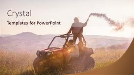  Presentation with driving road - Presentation theme consisting of group of young happy excited people having fun enjoying beautiful sunny day holding colorful torches while driving a off road buggy car on mountain nature background and a sky blue colored foreground