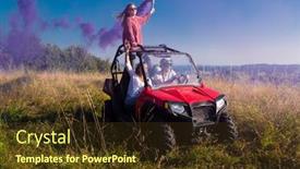  Presentation with driving road - Presentation design with group of young happy excited people having fun enjoying beautiful sunny day holding colorful torches while driving a off road buggy car on mountain nature background and a tawny brown colored foreground