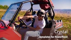  Presentation with people enjoying - PPT theme featuring group of young happy excited people enjoying beautiful sunny day while driving a off road buggy car on mountain nature background and a tawny brown colored foreground