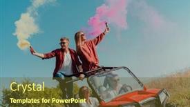  Presentation with driving road - PPT theme enhanced with group-of-young-happy-excited background and a tawny brown colored foreground