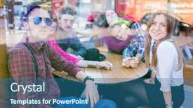  Presentation with people reflection - Amazing PPT theme having group of young happy people enjoying and having fun image taken behind glass reflection for desired look backdrop and a ocean colored foreground