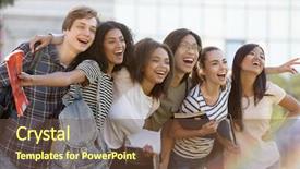  Presentation with group - PPT theme enhanced with group of young happy students background and a tawny brown colored foreground
