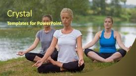  Presentation with women reproductive health - Slides with group of young healthy women relaxing while meditating and doing yoga exercise in the beautiful nature on the bank of the river background and a tawny brown colored foreground