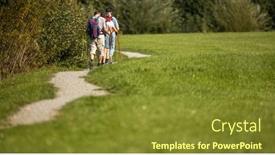  Presentation with backpacks - Slide deck enhanced with group-of-young-hikers-walk background and a tawny brown colored foreground