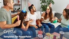  Presentation with birthday party - PPT layouts with group-of-young-hispanic-friends background and a ocean colored foreground