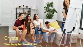  Presentation with friends - PPT theme having group-of-young-hispanic-friends background and a tawny brown colored foreground