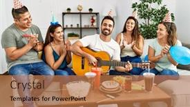  Presentation with birthday party - Presentation theme featuring group-of-young-hispanic-friends background and a  colored foreground