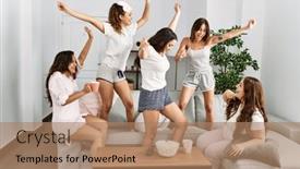  Presentation with women - Presentation design featuring group-of-young-hispanic-women background and a coral colored foreground