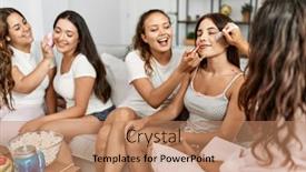  Presentation with party time - Slide set enhanced with group-of-young-hispanic-women background and a coral colored foreground