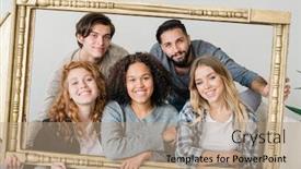  Presentation with intercultural - PPT theme consisting of group of young intercultural cheerful friends in casualwear looking at you while holding large portrait frame background and a coral colored foreground
