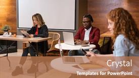  Presentation with intercultural - Presentation design featuring group of young intercultural students of college or university sitting by tables in cafe and using gadgets while preparing homework background and a coral colored foreground