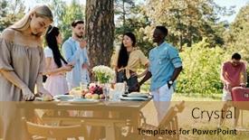  Presentation with international - Slide deck with group-of-young-international-friends background and a gold colored foreground