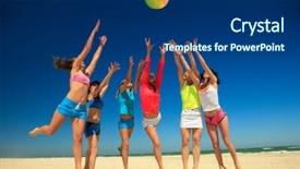  Presentation with beach volleyball - Cool new presentation design with group of young joyful girls backdrop and a ocean colored foreground